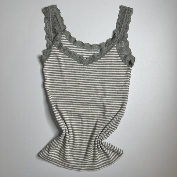 Uniqlo Gray Stripe Glittery Ribbed Lace Trim Tank Top M Y2K Coquette Cami - Picture 3 of 11